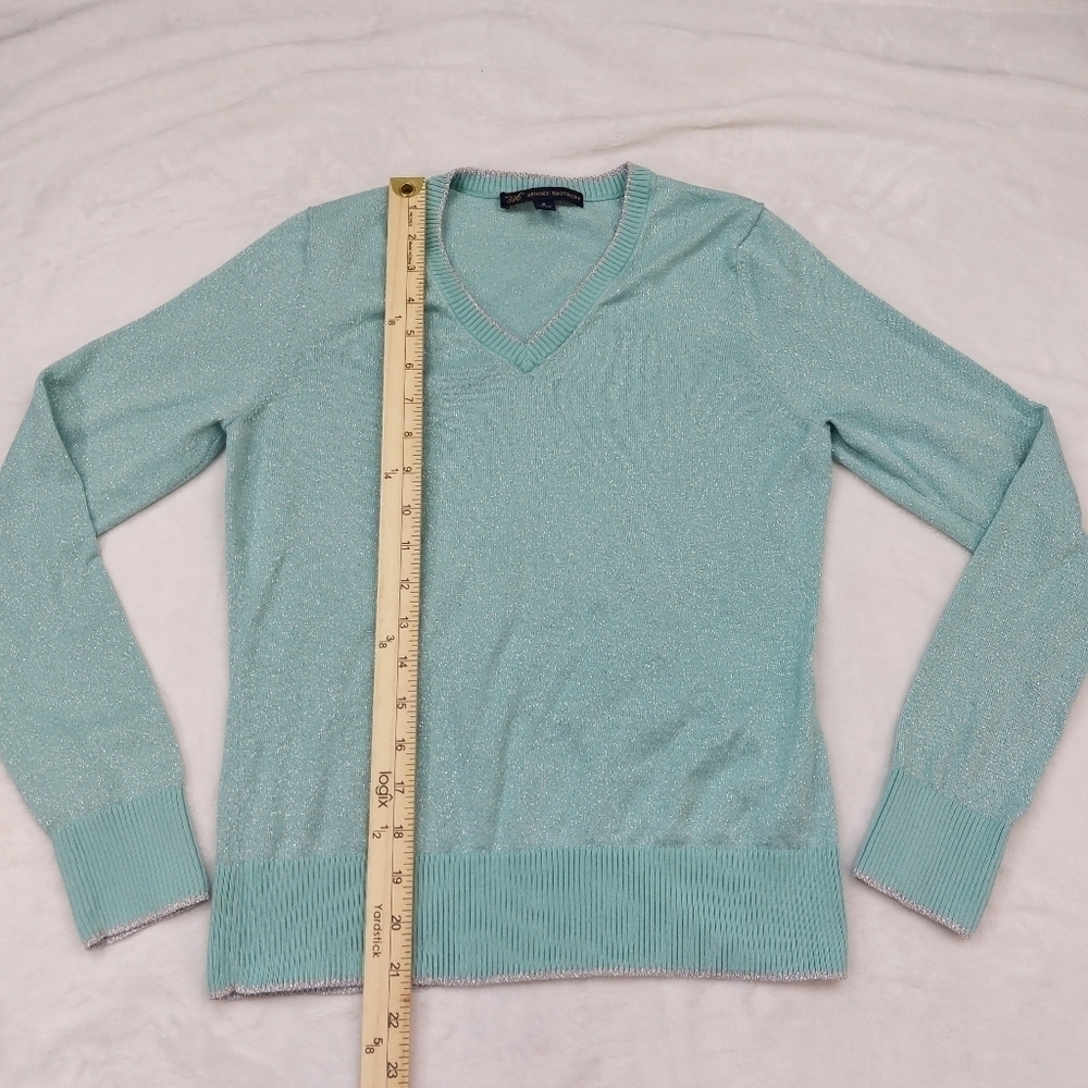 BROOKS BROTHERS 346 WOMENS BLUE AND SILVER METALLIC THREAD V-NECK SWEATER SIZE S - Picture 4 of 8